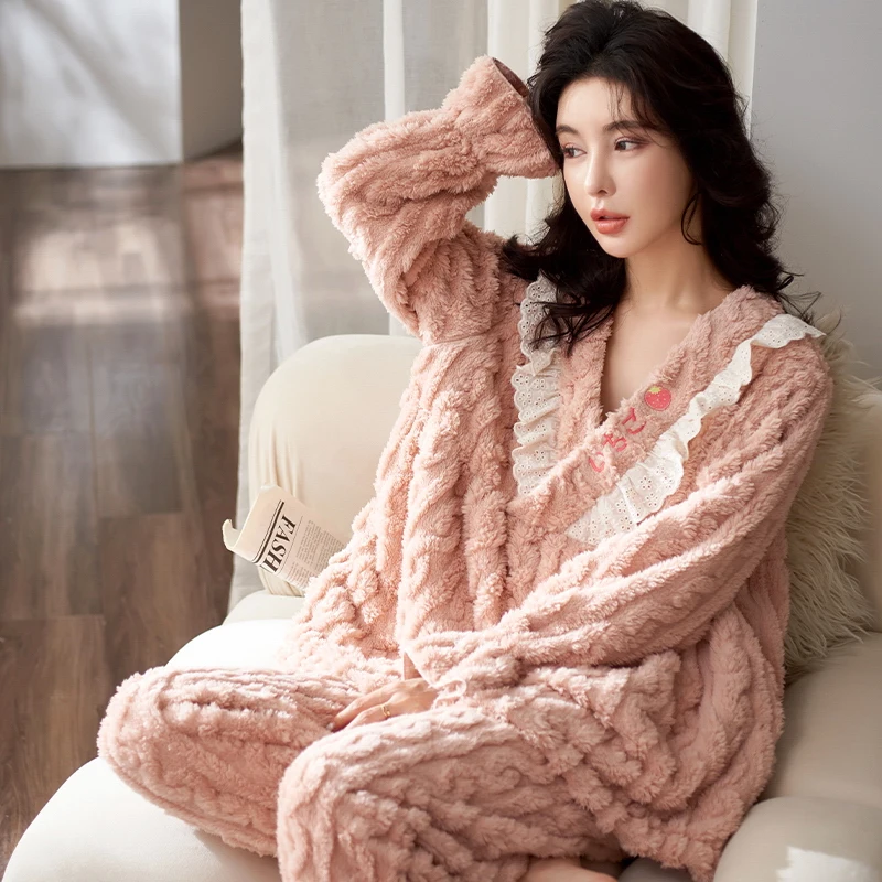 Winter Flannel Elegant Women Cartoon Sleepwear Girls Pajamas Pajama Sets Nightwear Coral Fleece Pijamas Mujer Homewear Fashion