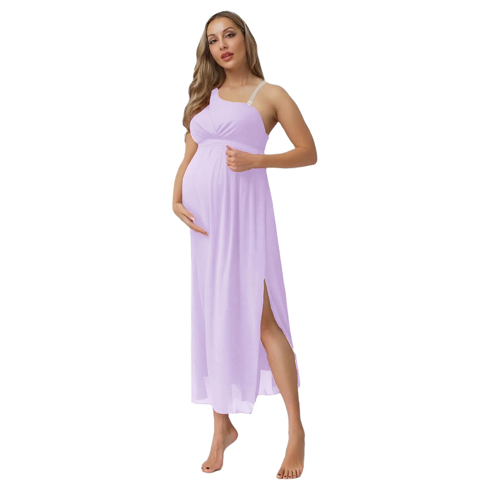 

Elegant Maternity Chiffon Dress One Shoulder Ruched Gown with Belt for Pregnancy Women Photoshoot Baby Shower Wedding Party