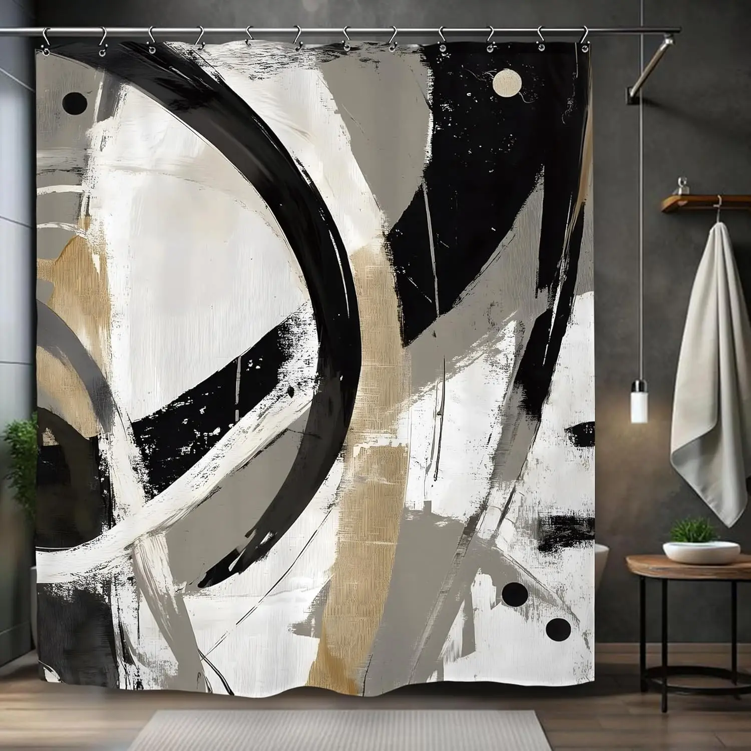 

Abstract Black White Gold Curve Pattern Waterproof Shower Curtain 180x180cm - Modern Luxury Bath Curtain for Living Room Decor