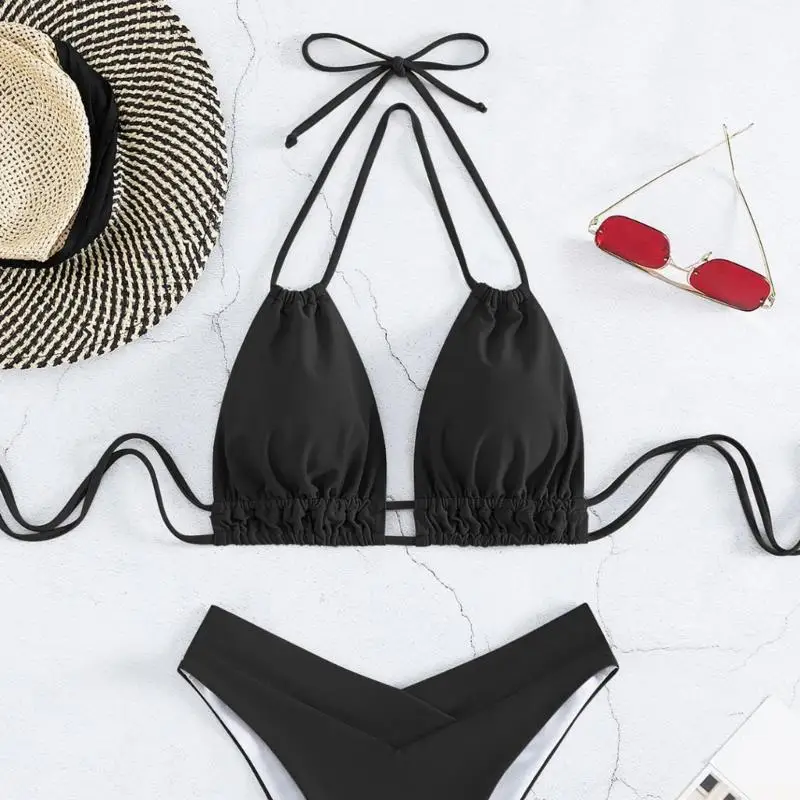 M5TC Women Triangular Thong Swimsuit Set Two Piece Halterneck Swimwears Triangular Push Up Swim Top High Waist Thong Briefs