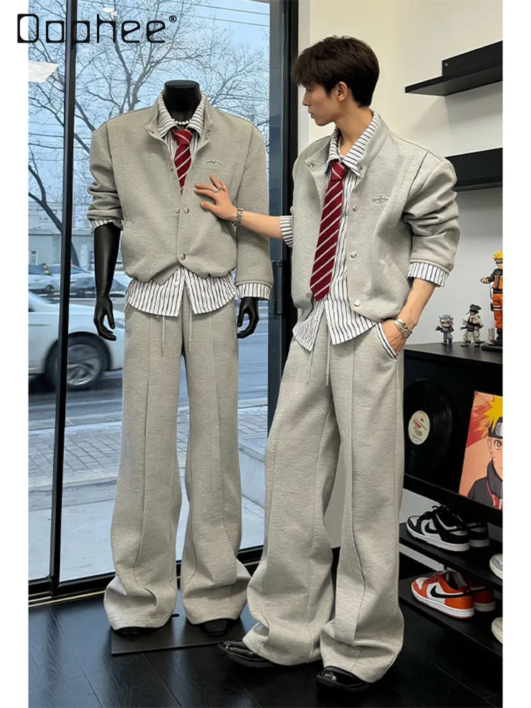 

Весенне-осенний новый комплект в корейском стиле: мужская черно-серая рубашка-худи с эффектом двухслойности и свободные брюки с высокой талией.