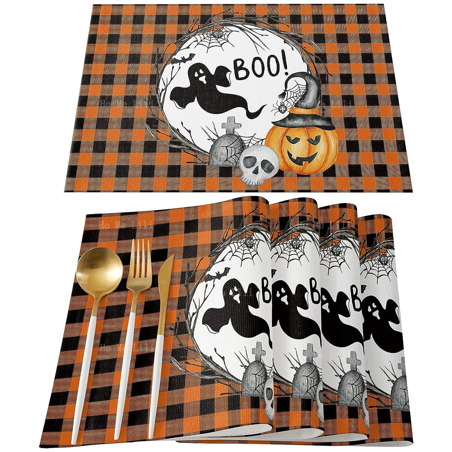 Halloween Ghost Boo Spooky Pumpkin Witches Hat Haunted Mansion Scary Black Orange Spider Web Holiday Placemats