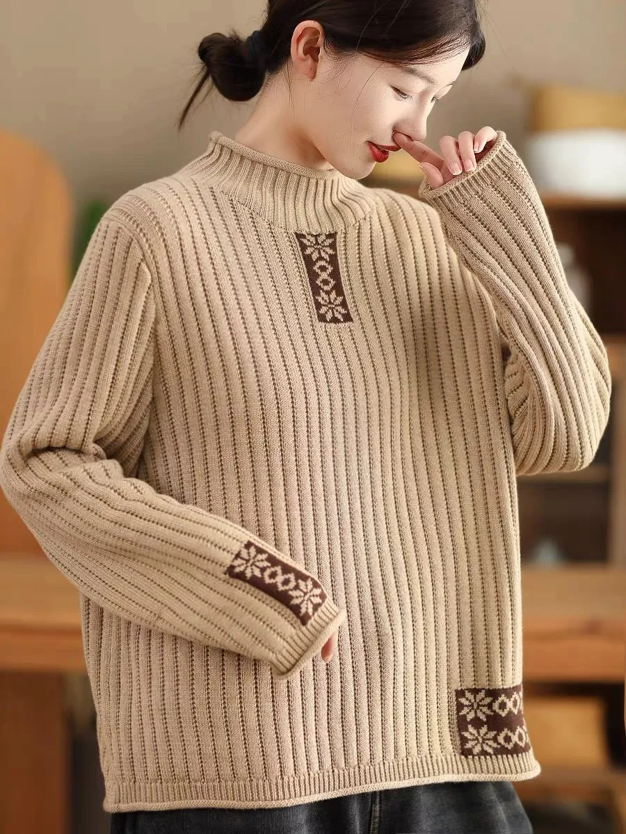 الخريف الشتاء المرأة فضفاضة طويلة Sve محبوك سترة f عالية طوق الرجعية القطن Tead طباعة قاعدة irt Thiened الدفء