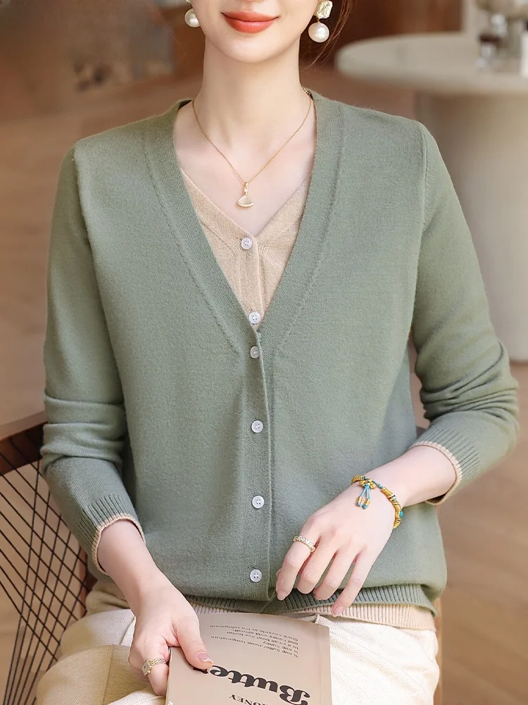 

Тонкий вязаный свитер Sli Mommy для женщин среднего возраста, осенний модный базовый топ с V-образным вырезом, корейский стиль