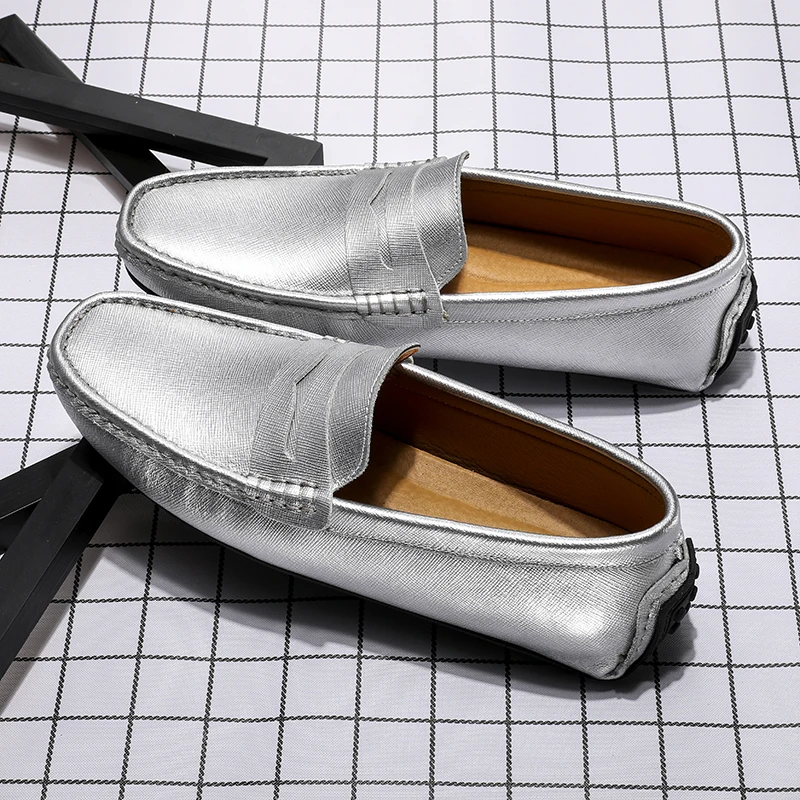 

Waterproof Canvas Loafers Men's Slip-On Flat Silver White Casual Shoes Leather Moccasin Soft Bottom Driving Wedding Shoes 38-49