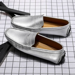 Waterproof Canvas Loafers Men's Slip-On Flat Silver White Casual Shoes Leather Moccasin Soft Bottom Driving Wedding Shoes 38-49