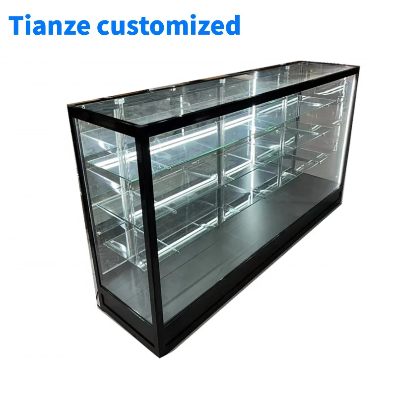 （customized）Retail Shop Black FullShowcase Counter Aluminum Frame Glass Showcase with LED Glass Display