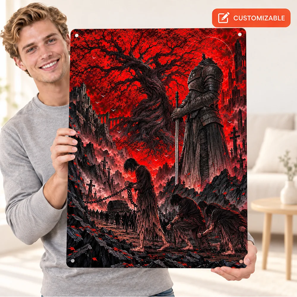Dark Knight And Chained Prisoners Printed Poster Personalized Aluminum Metal Sign Gothic Illustration Wall Art For Living Room