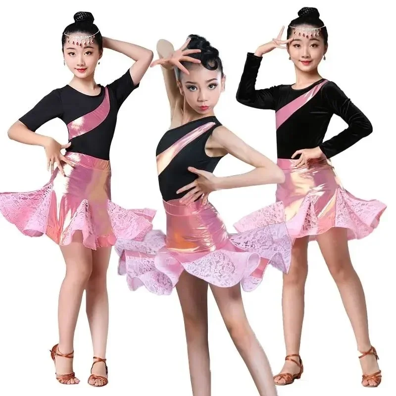 New Latin Dance Costume Children Girl Latin Skirt Summer Style Performance One Shoulder Latin Dance Dress Sets Black Pink Lace