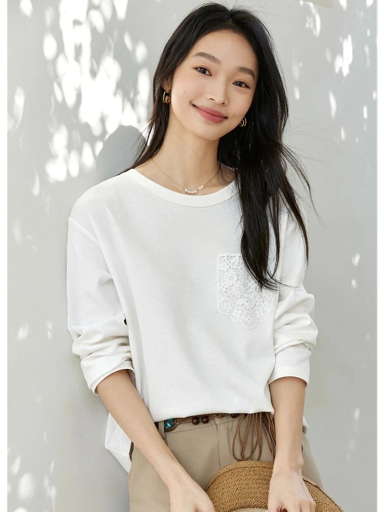 VIMLY レディース長袖 Tシャツ カジュアル 刺繍 レース ポケット クルーネック レディース トップス 秋 2025 新作 ニット 女性用Tシャツ A0315