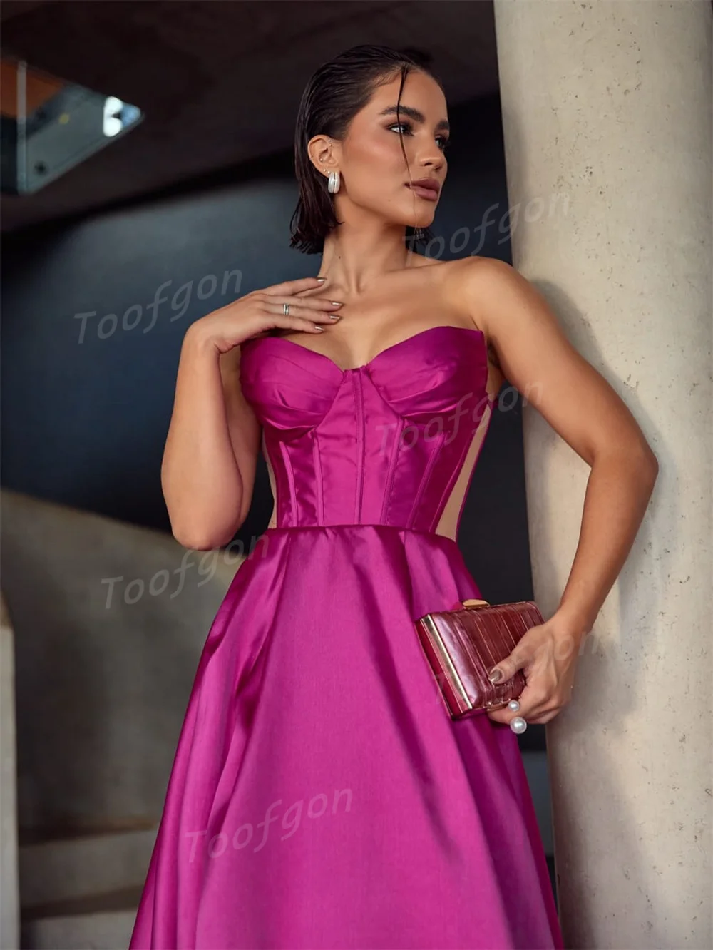 Toofan Фуксия Индивидуальные атласные длинные платья для выпускного вечера со складками Женские вечерние платья трапециевидной формы Вечернее платье для дня рождения в Саудовской Аравии