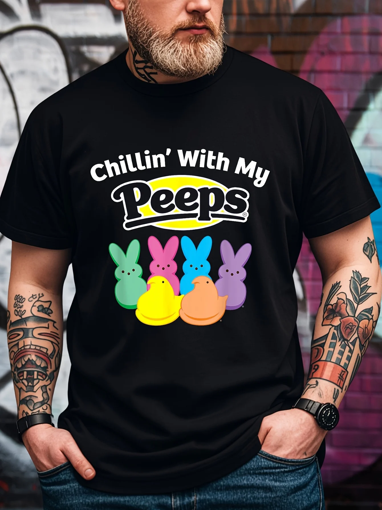 

Мужская футболка с рисунком пасхального кролика — 100% хлопок, повседневный круглый вырез, короткий рукав, Chillin' with My Peeps Design