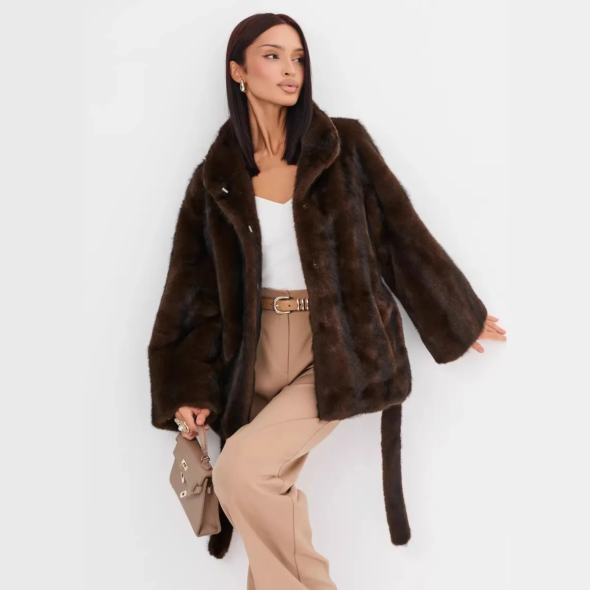 2026 Autumn Winter Women Faux Mink Fur Coat Lapel Collar Belted Long Jacket Luxury Fluffy Outerwear Brown