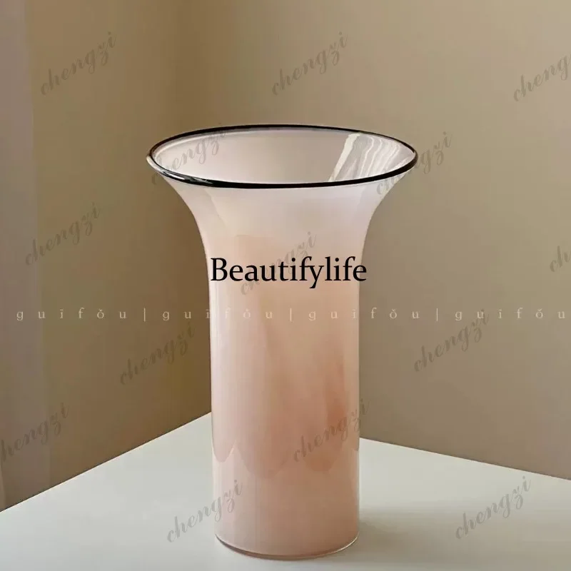 L181 living room flower arrangement ornament dining table entrance high-end glass flower utensil pink glazed vase