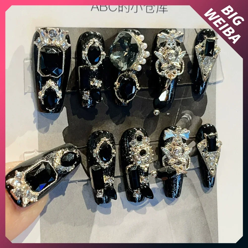 10 ชิ้น Diy Luxury Court เงา Rhinestone Handmade กดบนเล็บยาวโลงศพสั้นสแควร์ Reusable ฝาครอบเล็บ