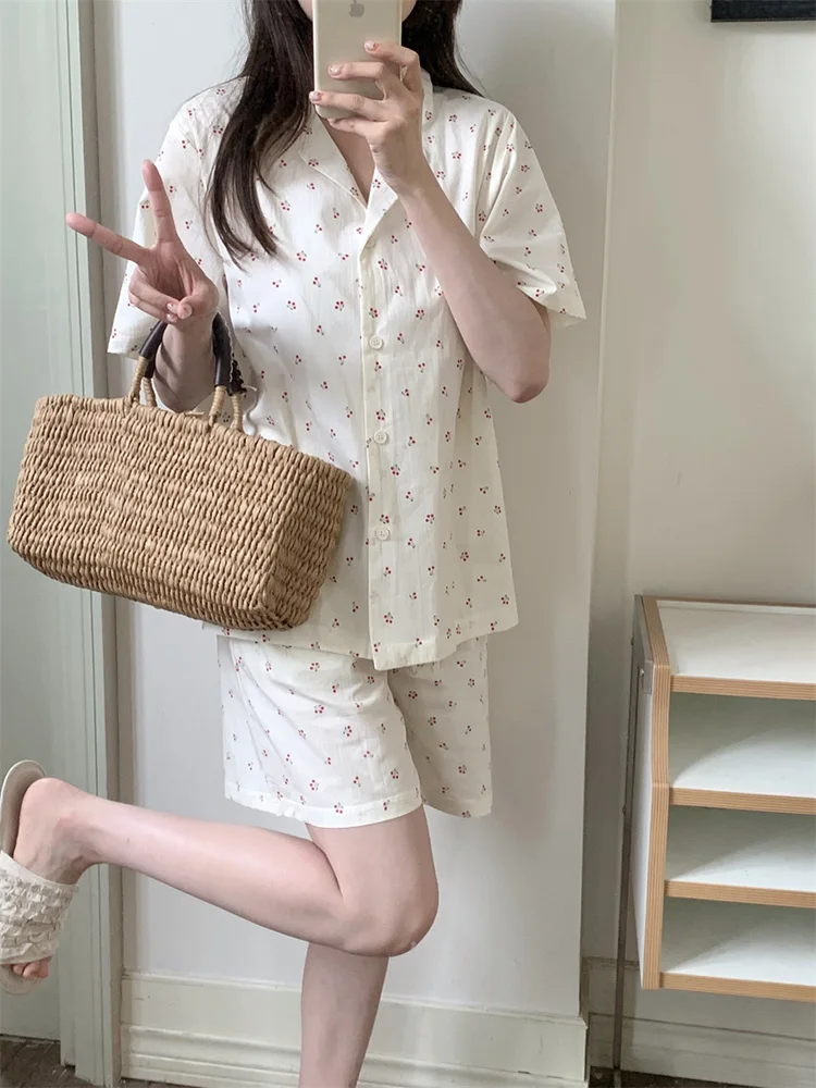 Cherry Print Summer Simple Cotton Sweet Short Sleeve Lapel Pajama Set Women Girlish Style Loose Soft Casual Lazy Sleep Tops Ins