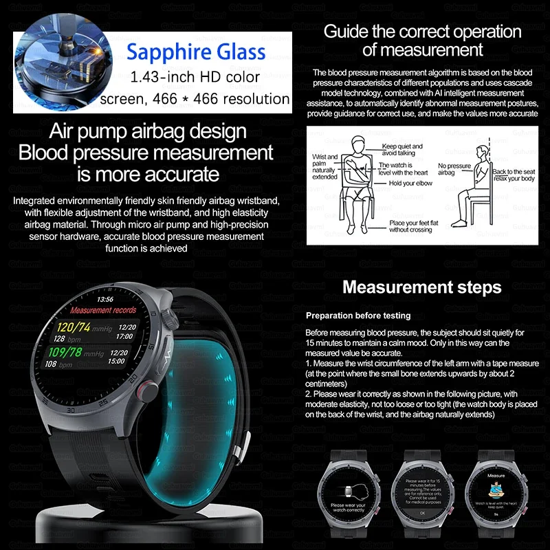 New Sapphire Glass Air Pump Airbag Three High Smart Watches Men ECG Heart Rate Precise Blood Pressure Health Tracker Smartwatch