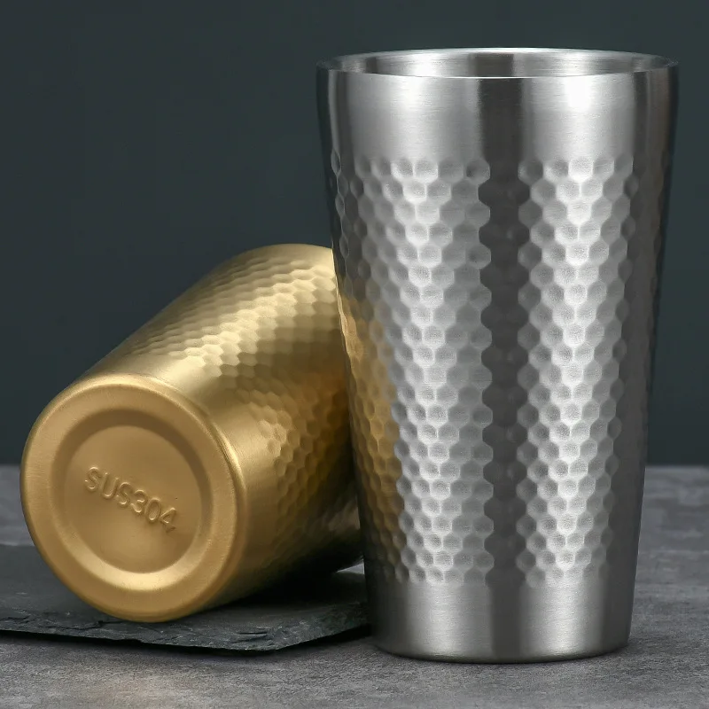 Double-layer SUS304 Beer Cup Diamond Flame Korean Hammer Pattern Advanced Water Cup Juice Beverage Honeycomb Coffee Milk Cup