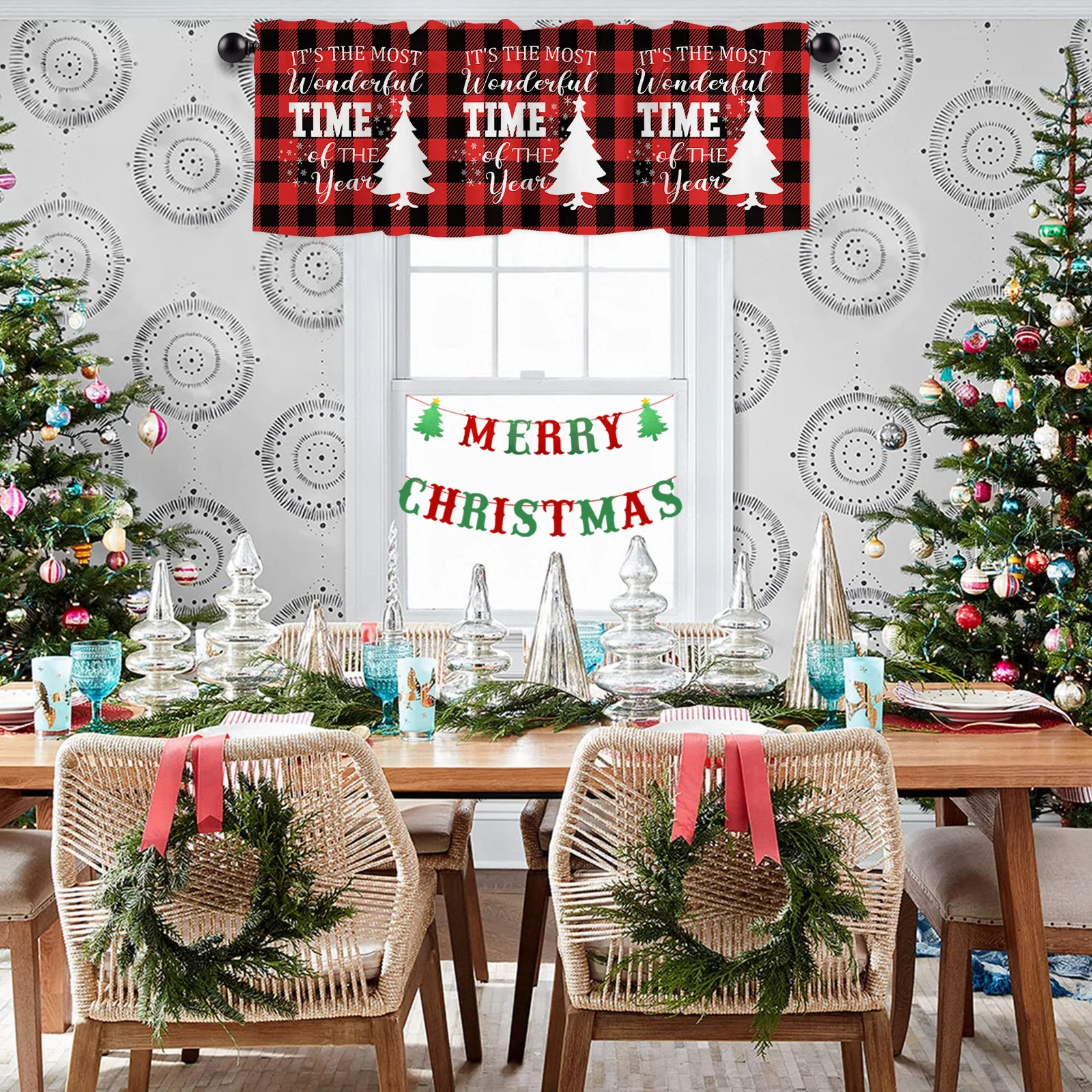 Christmas Valance Curtains for Kitchen Window Red Black Buffalo Check Plaid Winter Rod Pocket Window Valance Decor for Kitchen image 4