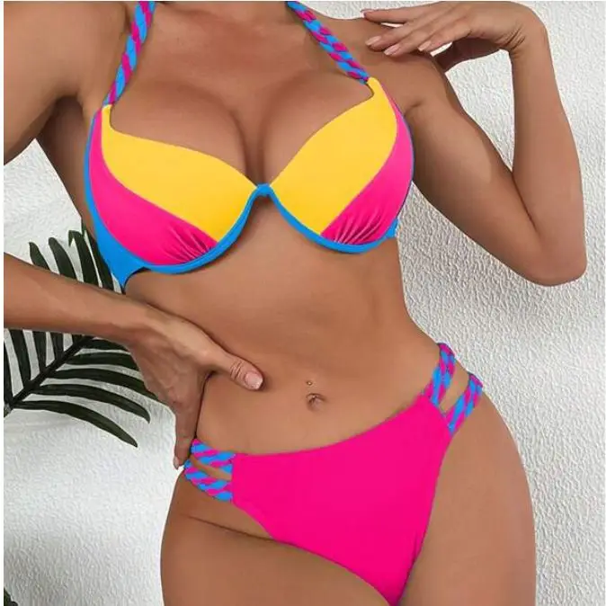 Bikini de Color liso para mujer, traje de baño para vacaciones en la playa con trazador de acero, novedad