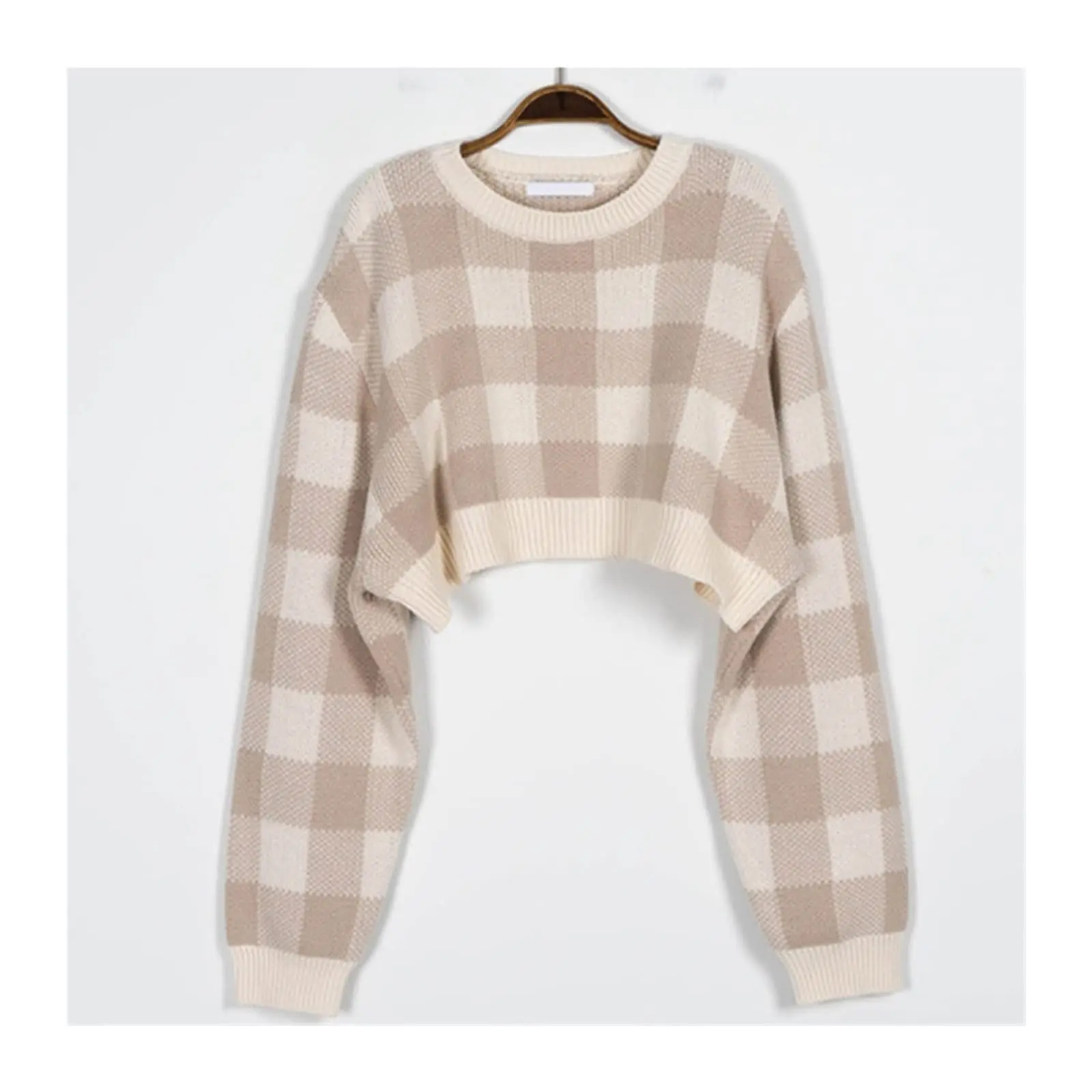 Pullovers Women Checkerboard Crop Knit Sweater Long Sleeve Crew Neck Box-fit Plaid Jumper Outfit