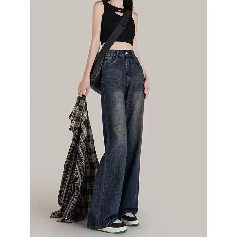 Harajuku mulheres streetwear vintage americano baggy carga jeans de cintura alta reta perna larga calรงas jeans azul