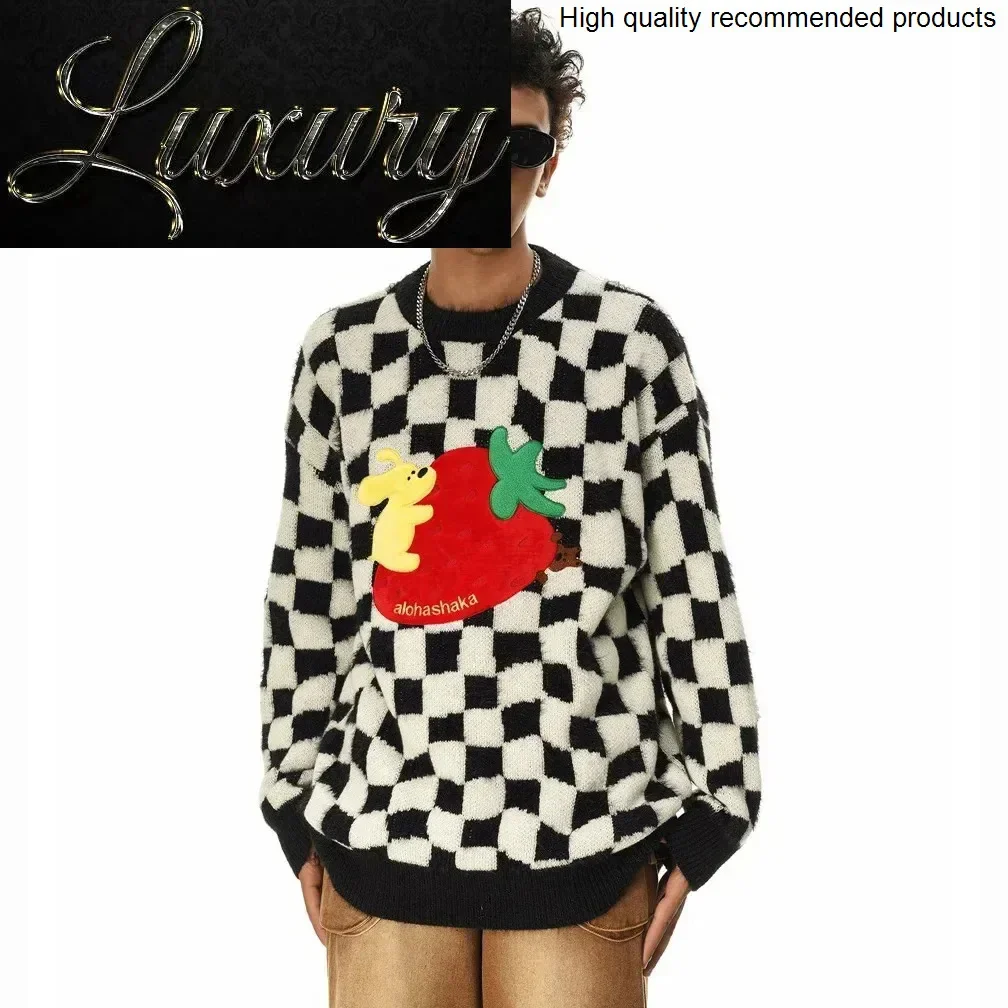 と女性のチェッカーボードプルオーバーメンズクリスマスセーターユニセックスストリートファッションルーズカジュアル Y2k ジャンパーニットセーター