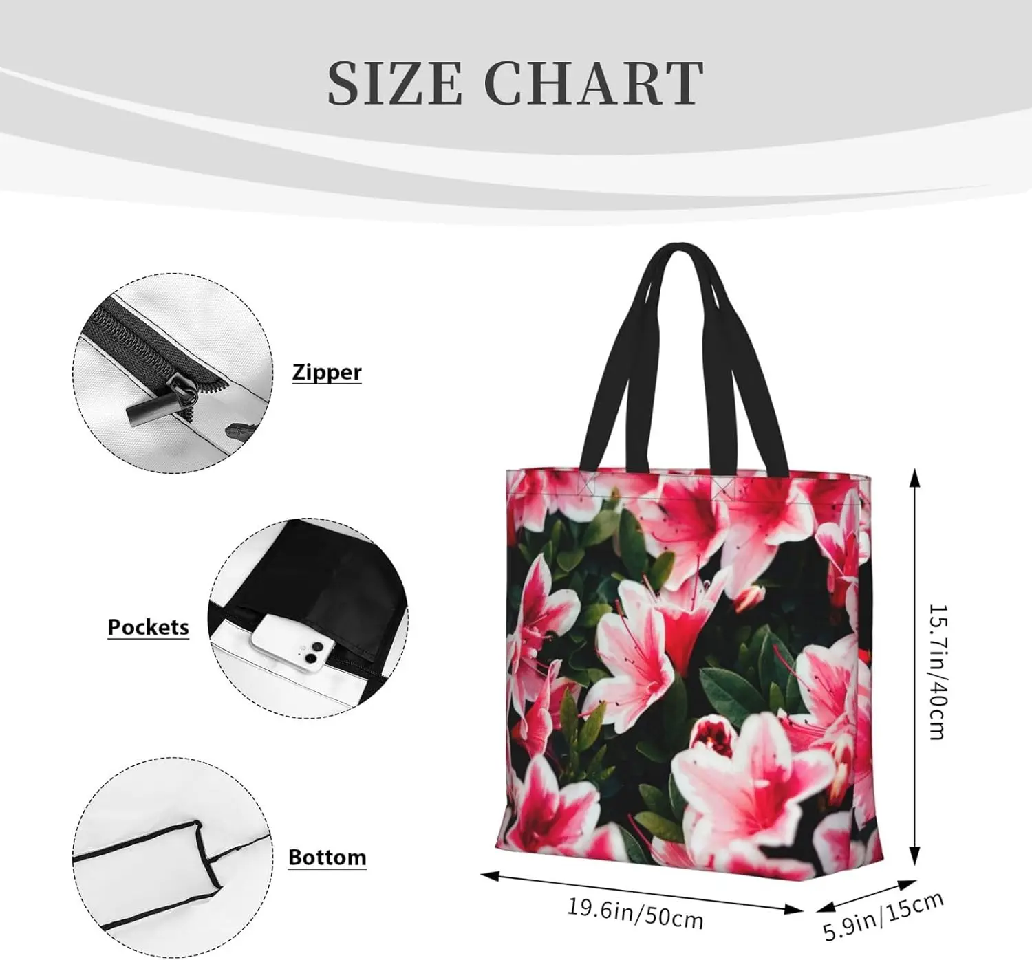 Beauty Pink Floral Flowers Print Tote Bag, Reusable Shopping Bag, Large Capacity Zipper Single Shoulder Convenience Bag