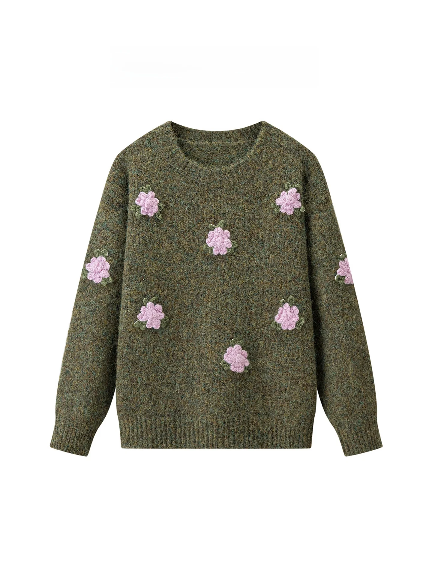 

La Chapelle round Ne 3D Flower Knitted Sweater Women's Sweet Wool Blend Soft Cozy Casual Sle Long Sve Sweater