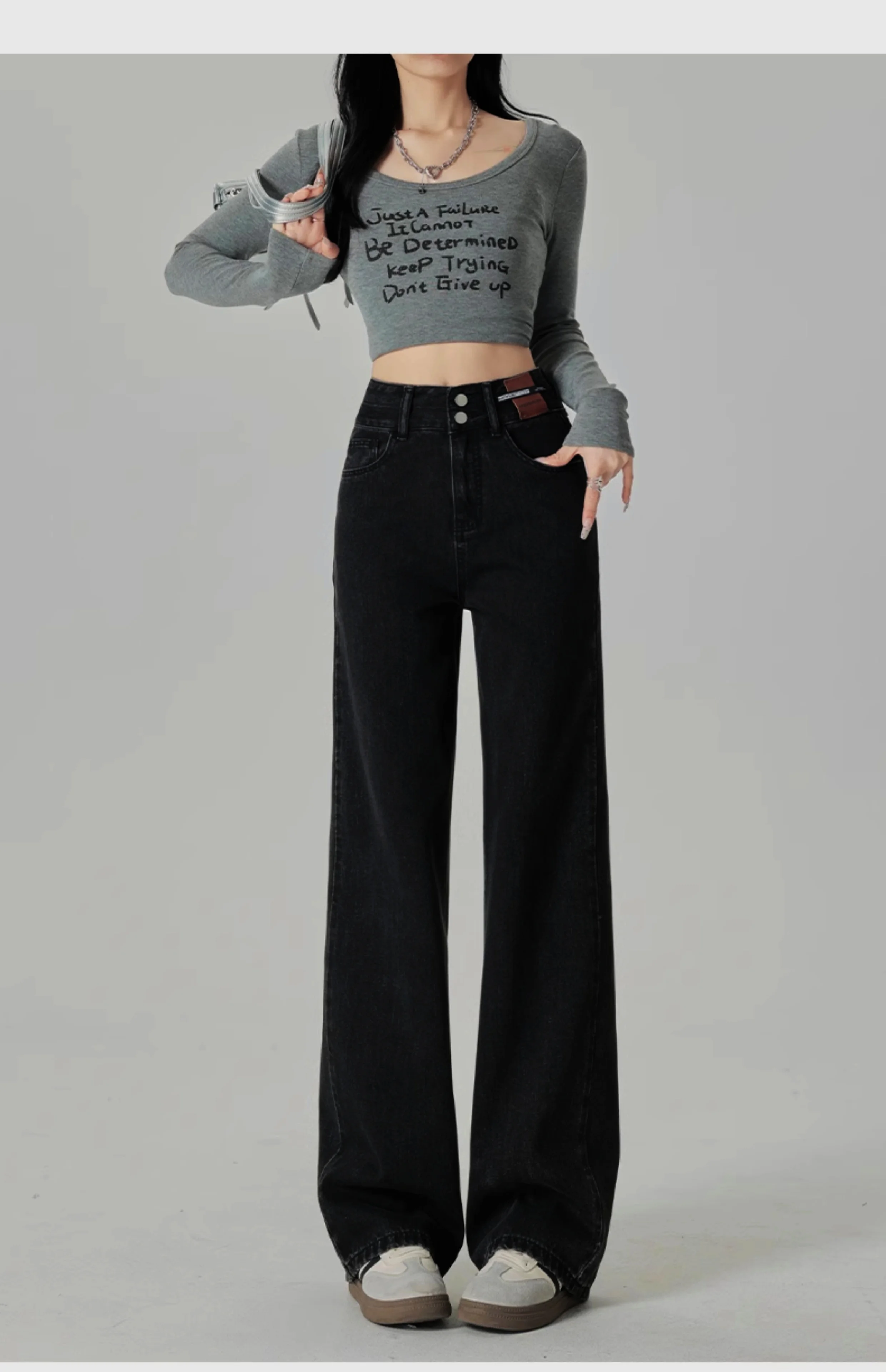Schmal geschnittene Damenjeans mit weitem Bein, hoher Taille und hängendem Gefühl, gerades Bein, lässiger Look, schmale Hose in Kontrastfarben – Detail 10