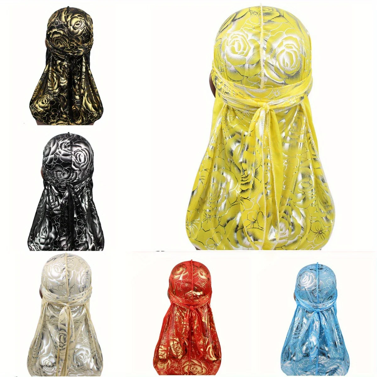 

1pc Custom Men's Print Silky Durags Turban Hat Bandanas Headwear Rose Printed Men Silk Durag Long Straps Waves Hair Accessories