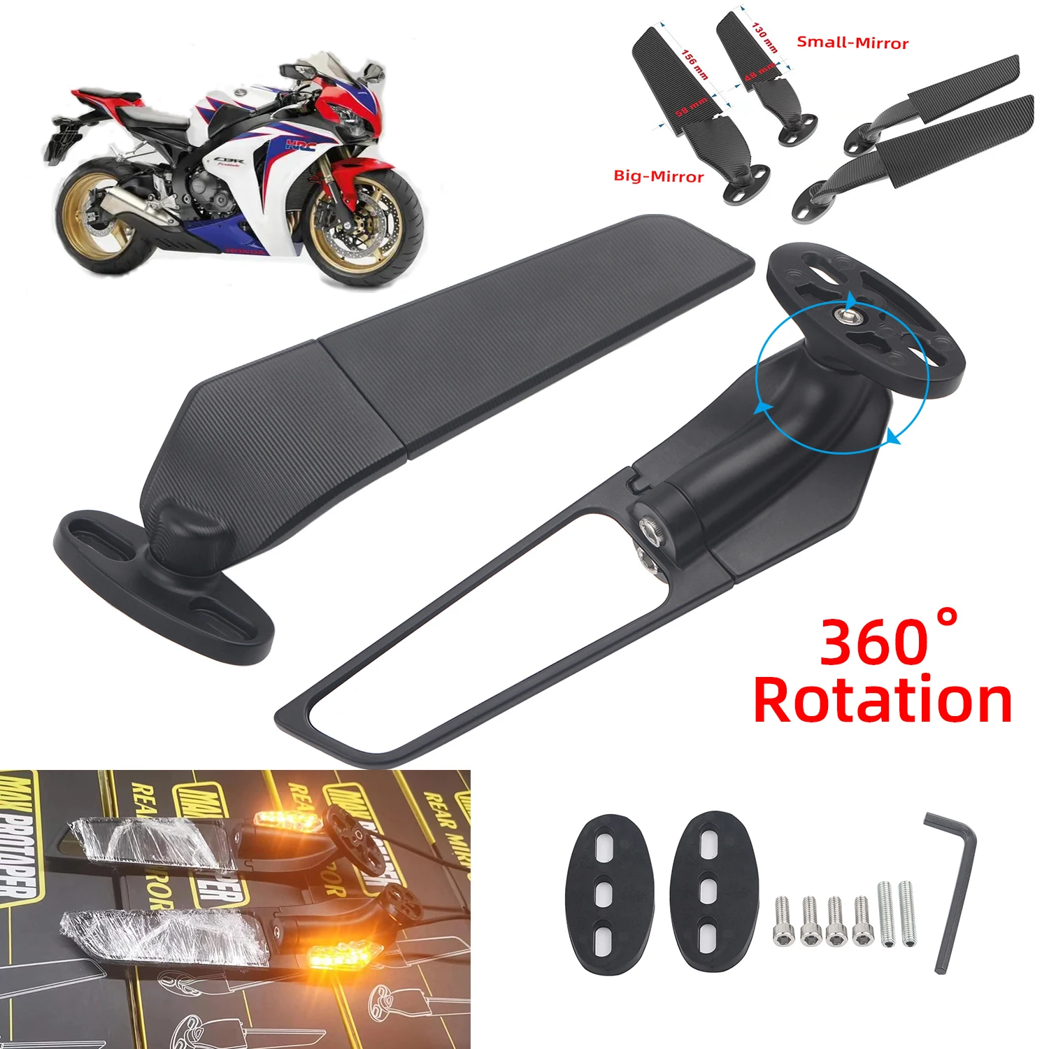 For Honda CBR650R F CBR1000RR CBR600RR CBR 250R 300R 400RR 500R Motorcycle Mirror Modified Wind Wing  Rotating Rearview Mirror