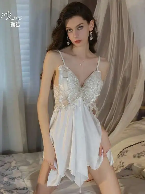 Sexy renda malha borboleta impresso vestido de cor sólida sem costas profundo v suspensórios sem mangas vestido encantador elegante puro desejo q1tl