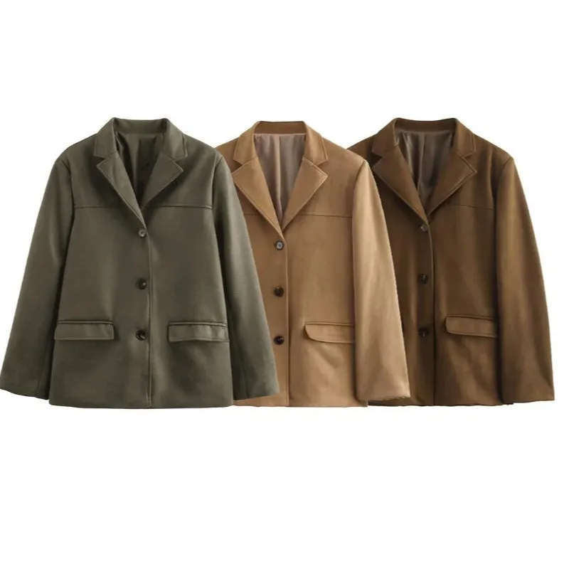 سترة نسائية شتوية عصرية بلون سادة وجيب على شكل طية صدر السترة، سترة نسائية غير رسمية فضفاضة معطف قصير للشارع