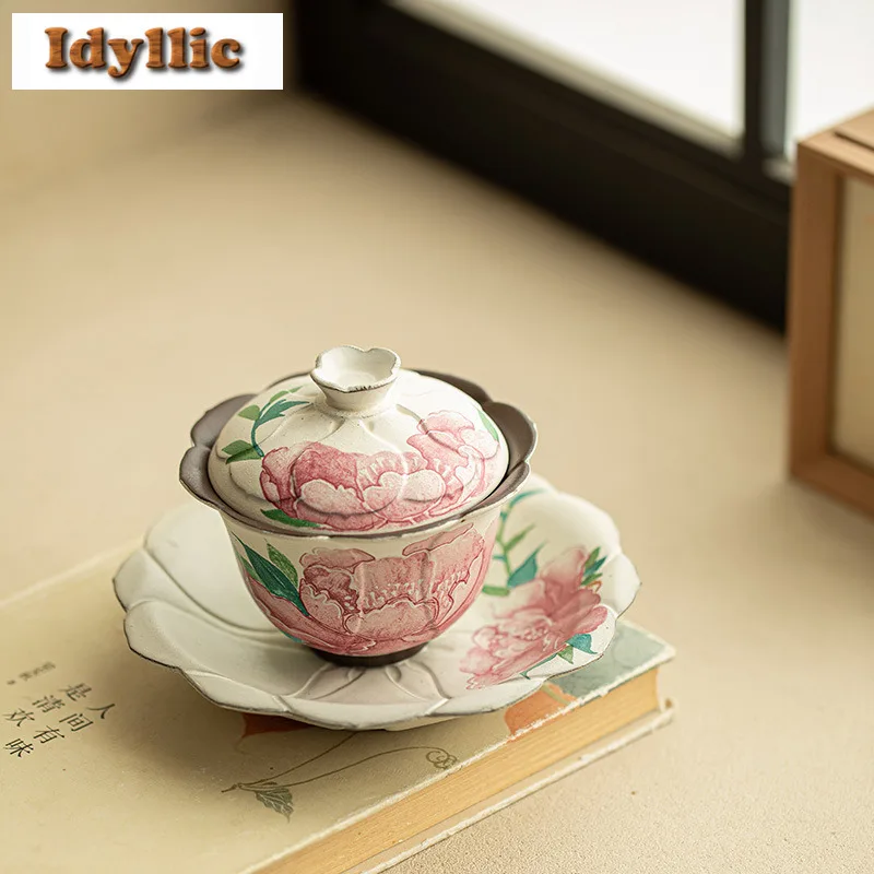 

150ml Old Rock Clay Light Makeup Peony Gaiwan Vintage Tea Tureen Tea Bowl with Lid Kit Tea Making Cover Bowl Tea Items Ornaments