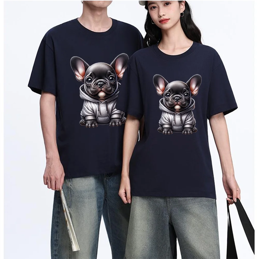 Cute French Bulldog Puppy In Hoodie Printed T Shirt Breathable Fabric S-XXL Personalized Custom Aesthetic Graphic Top Unisex Fit