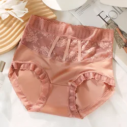 Hollow Lace High Waist Women Panties Patchwork Pure Cotton Silk Crotch Plus Size Female Triangle Underwear