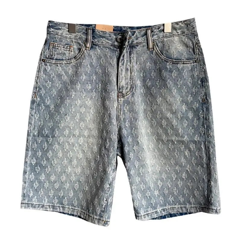 American Retro Jacquard Denim Shorts for Men's Summer Design, Niche Washed Five Quarter Pants, High Street Sports Pants