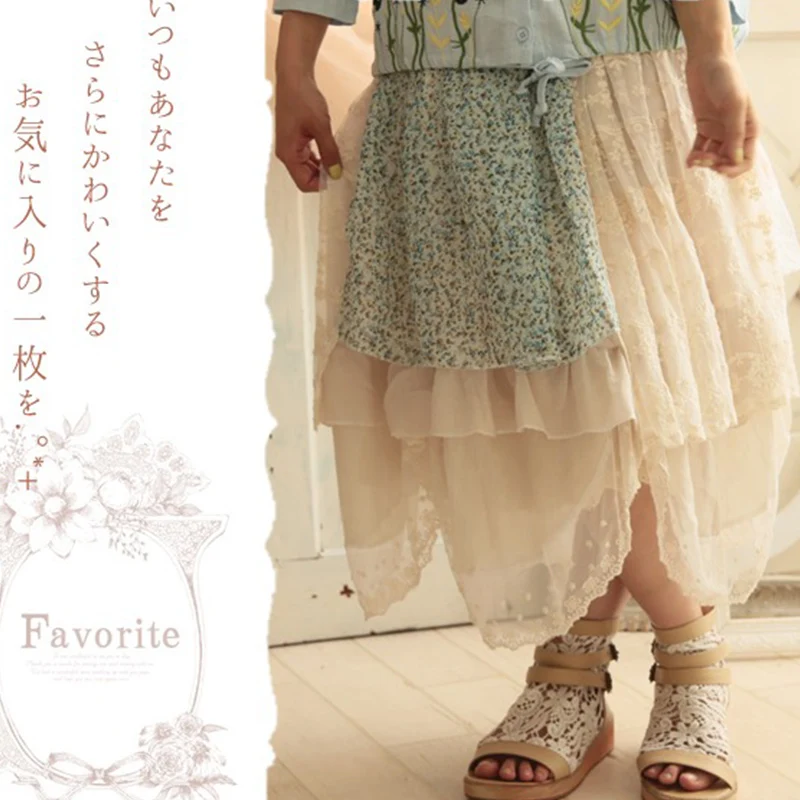 New Mori Girl Multi-layer Lace Flower Embroidery Skirts Women Clothing Patchwork Cotton Female Kawaii Princess Fairy Skirts A189