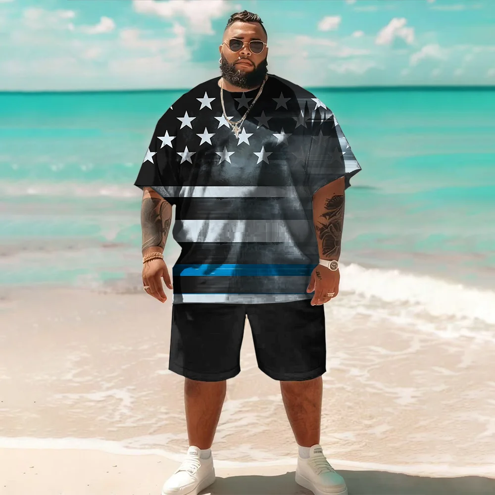 

S-9xl Большой и высокий комплект с короткими рукавами больших размеров (Элемент флага): — Прочный легкий материал, Стильные детали с принтом флага,