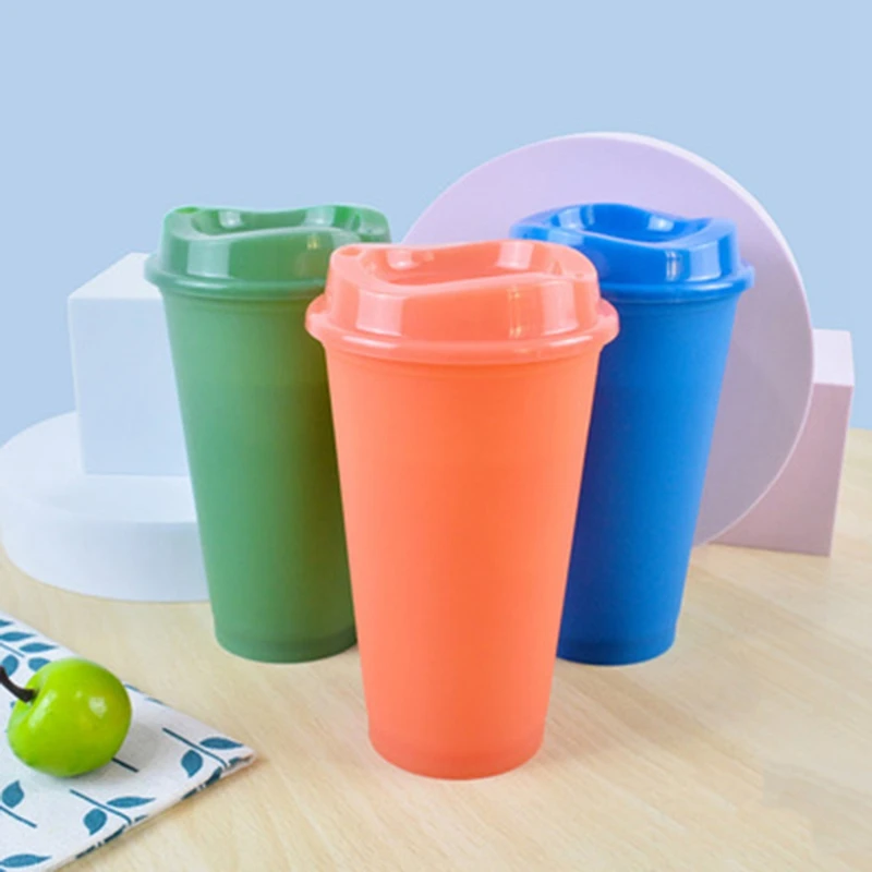 5 PCS/Set 16 OZ Plastic Reusable Color Changing Cold Water Coffee Cups With Lid Household Drinkware Kitchen Products