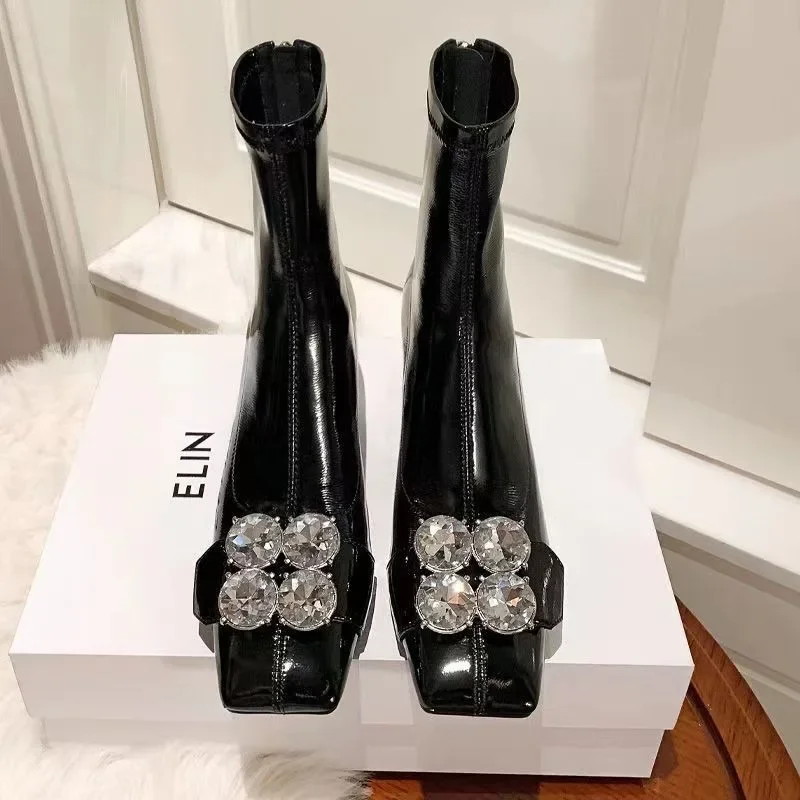 2026Women's Fashion Chunky Single Boots Fall New Square Head Rhinestones After Zipper Temperament Short Boots