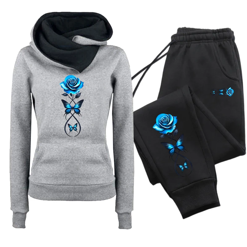 Herbst-Winter Damen Alltags-Sportoutfit, Damen-Set/Hoodie/Hose, Modischer Blumen-Trainingsanzug, Kapuzenpullover, Jogginghose – Detail 4