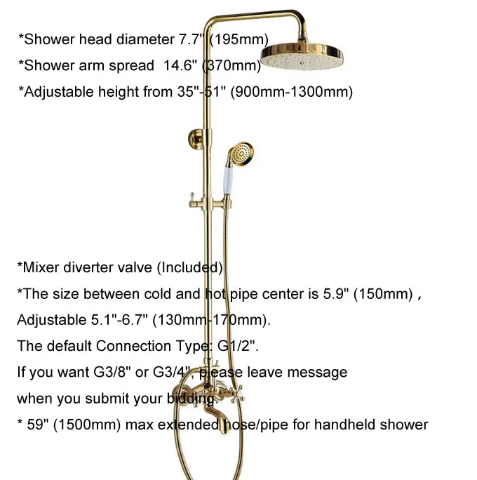 Bathroom Faucet Set Golden Brass Rainfall/Handheld Shower Faucet Kit 7.7 in Shower Head Bathtub Hot And Cold Water Taps 2gf455