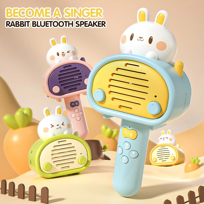 Education Handheld Cartoon Rabbit Karaoke Wireless Microphone Toy Musical Instruments for Kid Multi-Functional Kids Musical Toys