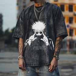 Anime Y2K Jujutsu Kaisen yıkanmış T shirt, Gojo Satoru Unisex boy Tshirt, Streetwear Vintage yıkanmış boy kısa tişört