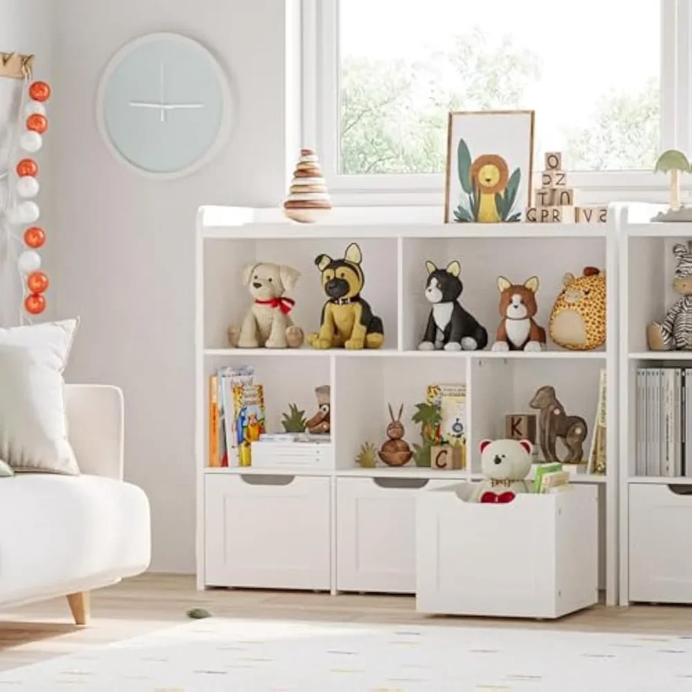 Toy Storage Organizer with 3 Movable Drawers, Multifunctional Floor Storage Cabinet Toy Chest with 5 Storage Cubbies,Bookcase