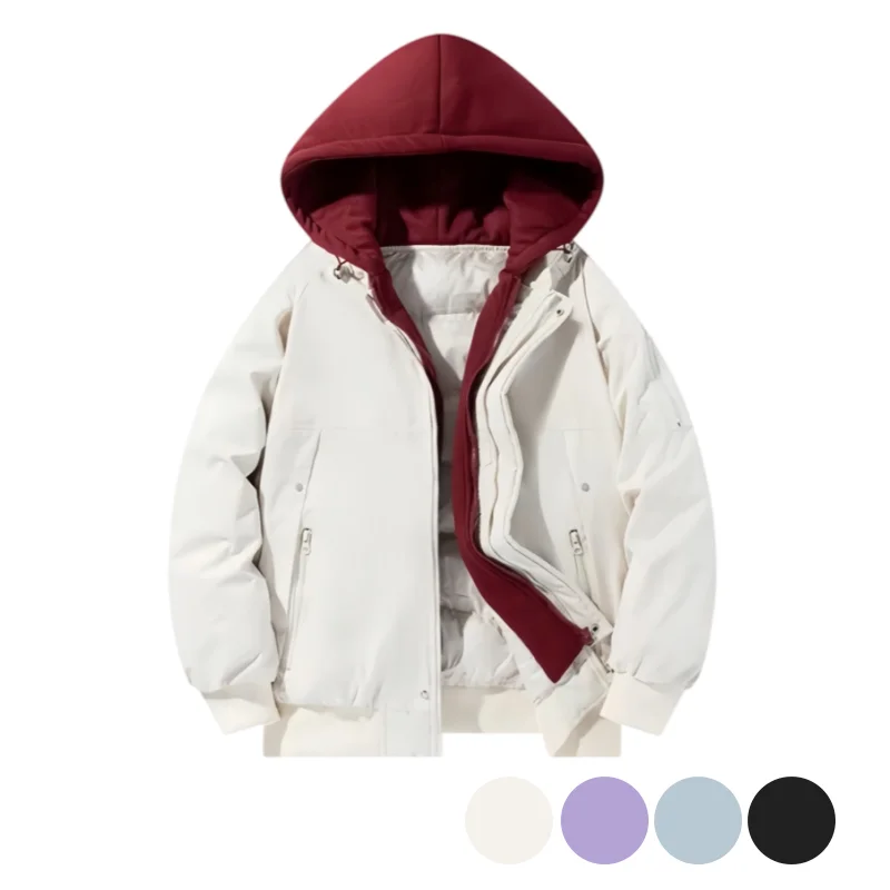 Fake Two-Piece Hooded Pilot Cotton Jacket for Men, Winter Color-Blocking Thickened Warm Casual Baseball Jacket Cotton Coat