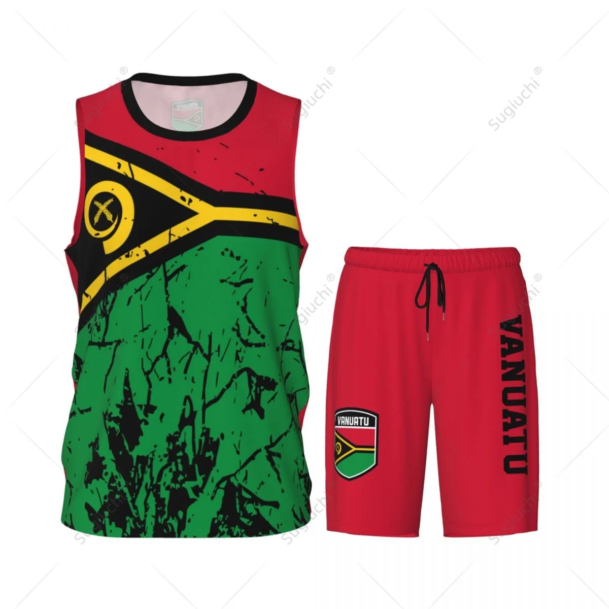 Team-up Vanuatu Flag Grain para hombre, Conjunto de camiseta y pantalones de baloncesto, sin mangas, nombre personalizado, Nunber exclusivo