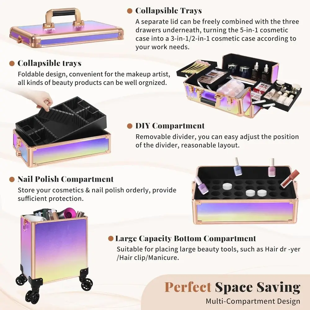 Estojo de trem de maquiagem rolante com tampa, estojo de cosmetologia 5 em 1 sobre rodas, grande organizador de carrinho de cosméticos para viagem para cabeleireiro A